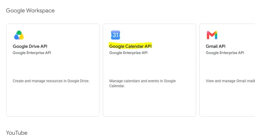 Google Calendar API auswählen