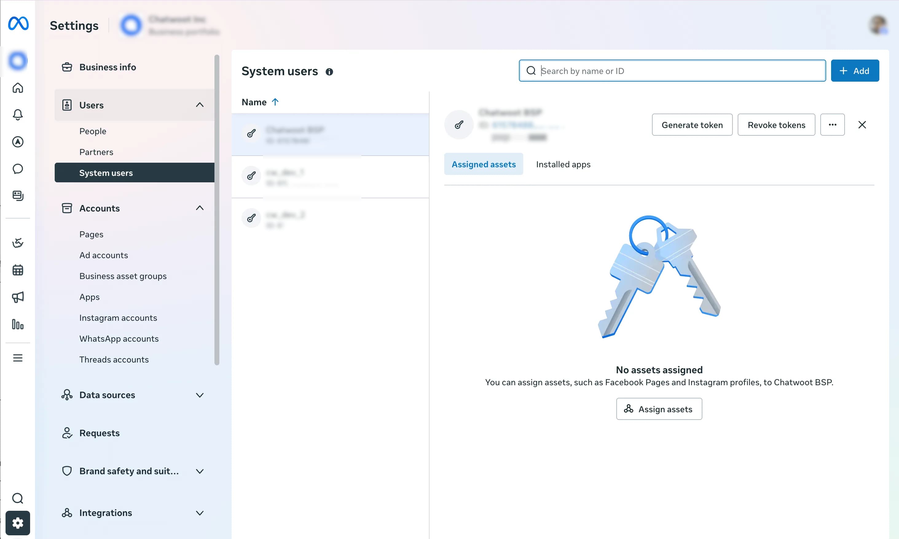 System users in Meta Business Settings