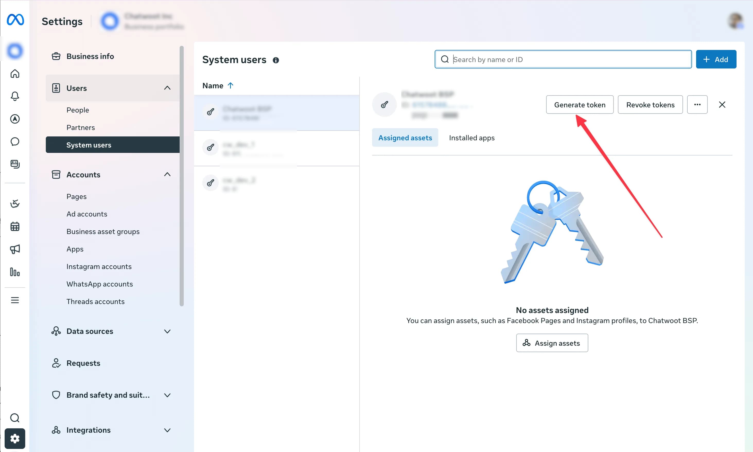 Select the Meta app when generating the token