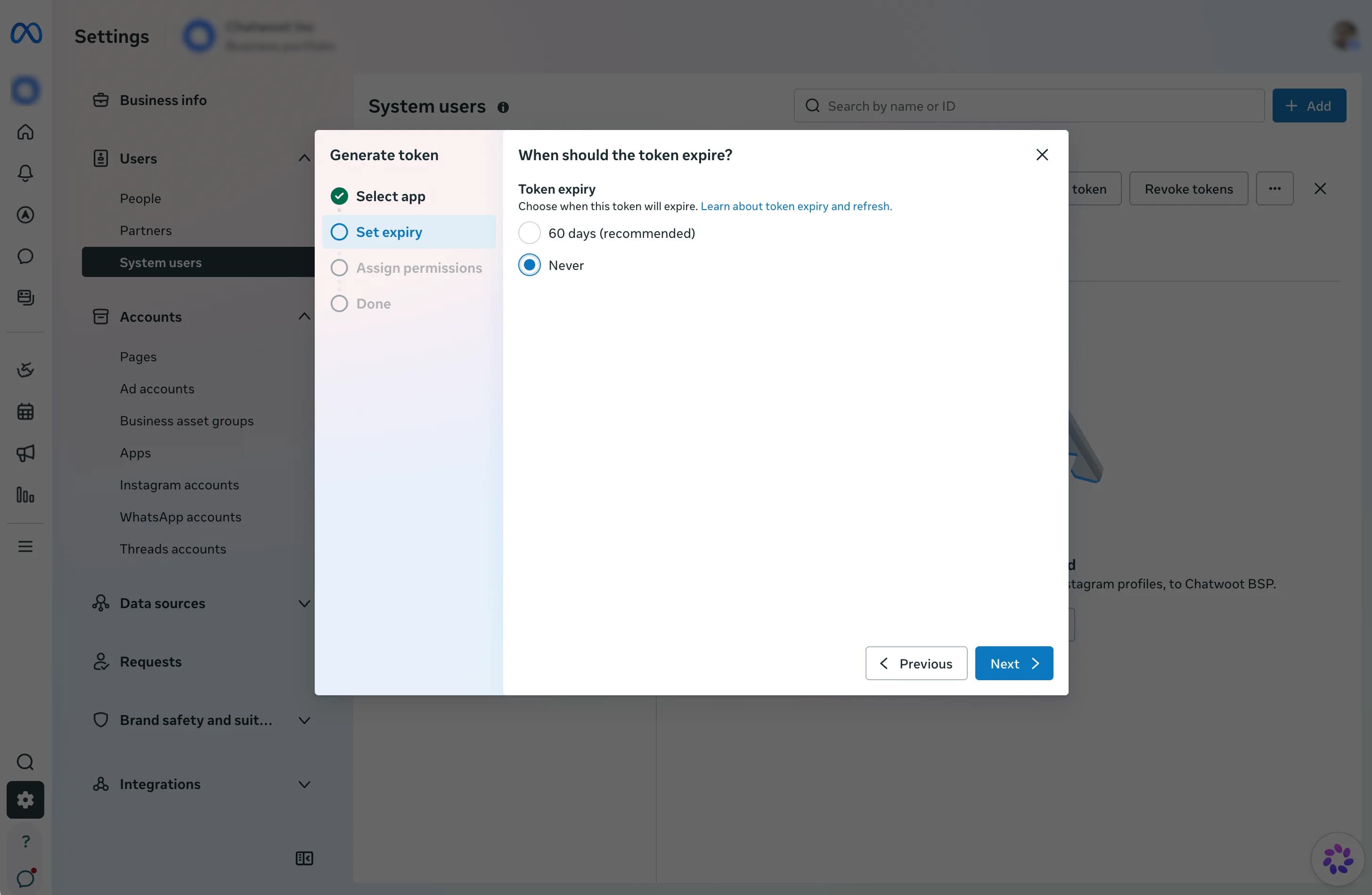 Assign WhatsApp permissions to the token