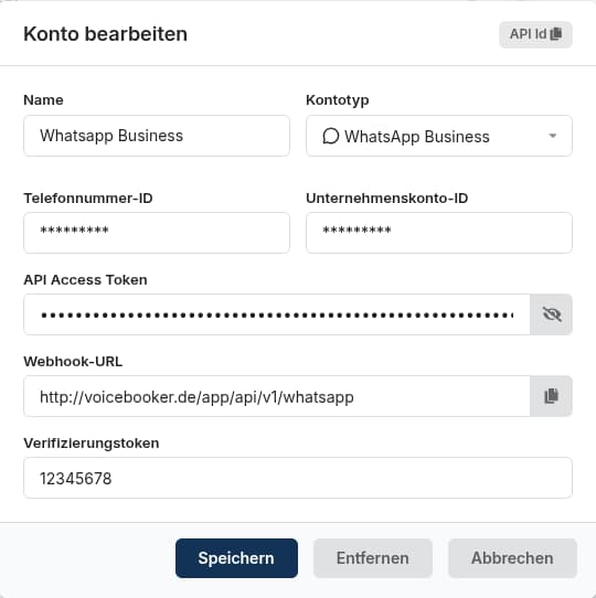 VoiceBooker WhatsApp Business account fields