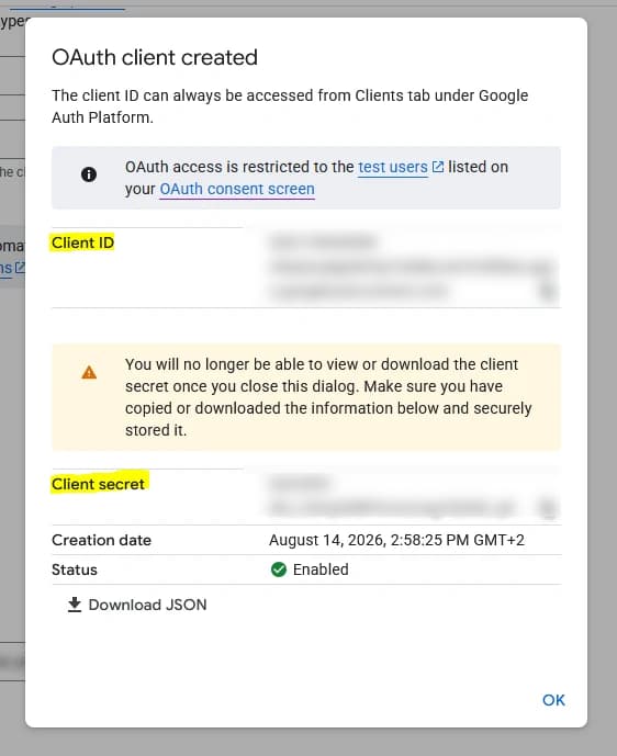 Erstellte OAuth-Zugangsdaten herunterladen