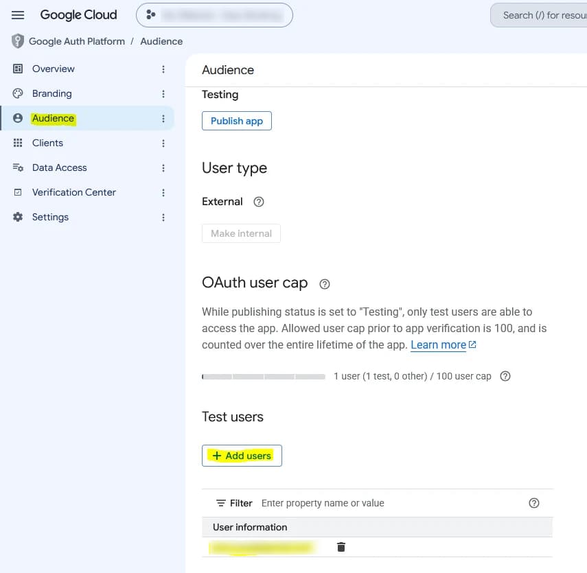 Testnutzer in Google Auth Platform hinzufügen